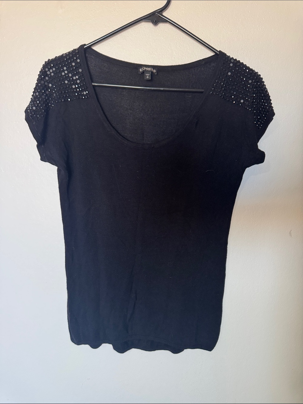 Express Black Short Sleeve Top with Studded Shoulders